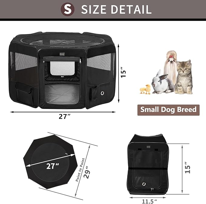 DONORO Dog Playpen Portable Pet Play Pens for Small Dog/Cat/Rabbit/Chicks, Cat Playpen Indoor/Outdoor with Carring Case, Removable Zipper Top and Bottom (Black, Small (29"x29"x15"), 8)