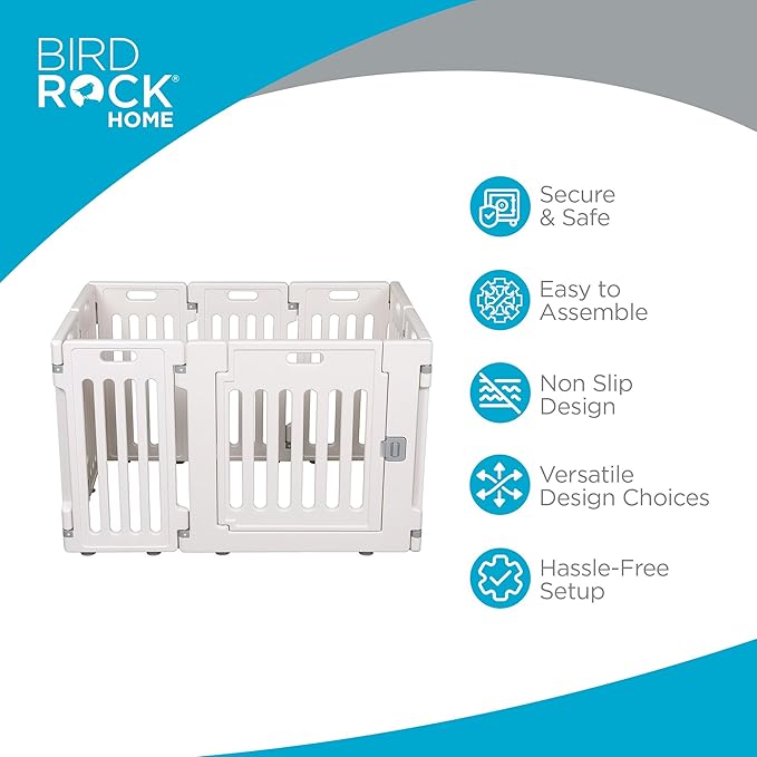 BIRDROCK HOME Dog Playpen w/Door, 8 Panel, 25.6in H | Strong Plastic, Non-Slip Puppy Playpen, Secure Pet Gate | Indoor Outdoor Fence | Configurable Panels | Small Pets - White