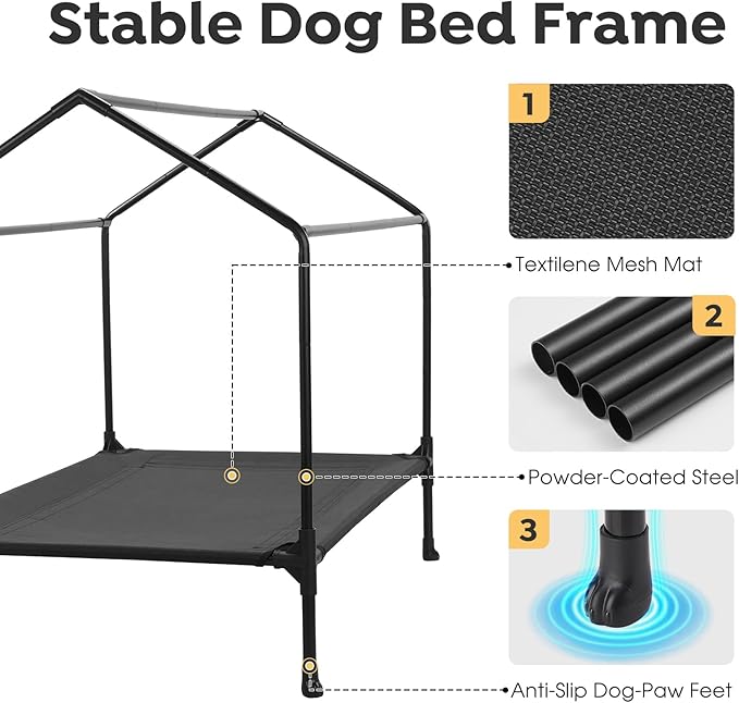 Veehoo 35" Dog House, 2-in-1 Large Dog House Outdoor Indoor Weatherproof, Outside Elevated Dog Cot Bed Dog Tent Shade, Three-Sided Breathable Mesh Windows and Sunshades, CWC2435CP