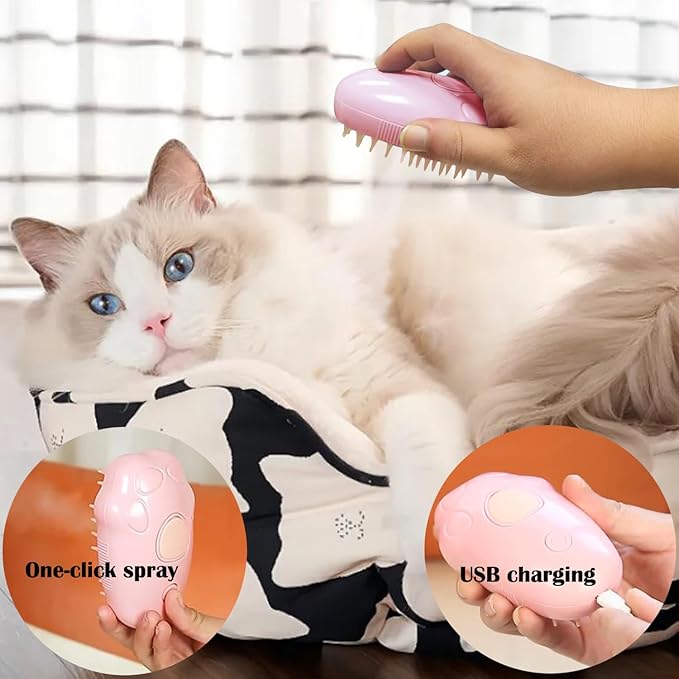 Steam Brush for Cats, Spray Comb Mist Brush, Rechargeable Steam Pet Brush for Dogs and Cats, Self-Cleaning 3-in-1 Cat Hair Brush with Steam for Long and Short Hair for Cats and Dogs (pink)
