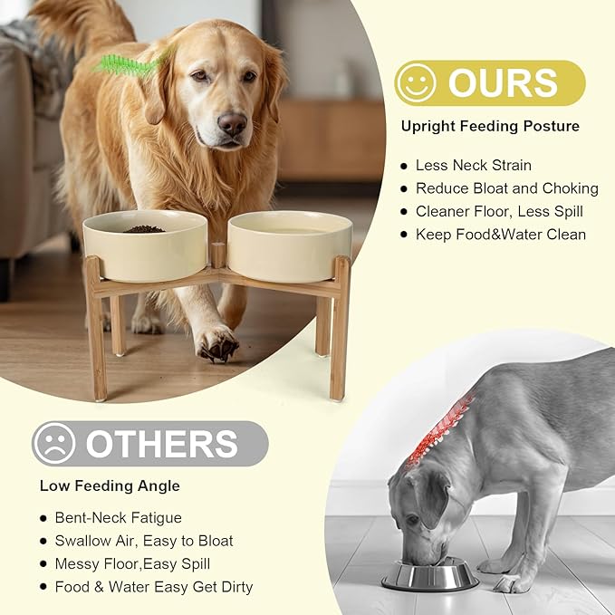 SPUNKYJUNKY Elevated Dog Bowls Ceramic, 8.3'' Dogs Food Water Bowls Raised with Non-Slip Bamboo Stand for Large Sized Breed Microwave Dishwasher Safe - 60 OZ,Beige