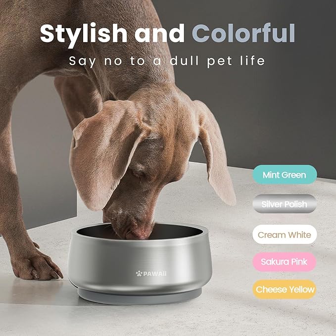 Pawaii Stainless Steel Dog Bowl with Non-Slip Rubber Base & Double Wall Insulation - Durable Design | Includes ID Tag | Dishwasher Safe Food & Water Bowl for All Dogs (34oz)