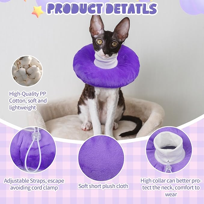 BRKURLEG Cat Recovery Collar Soft Cat Cones Pet Neck Protector Adjustable Kitten Cones to Stop Licking After Surgery Pet Elizabethan Collar for Cats Kittens, Purple, S