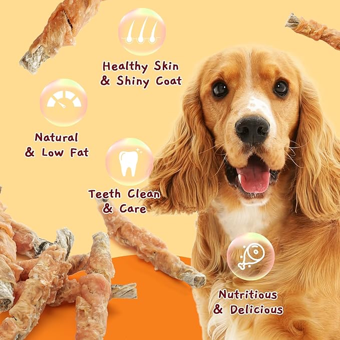 Jungle Calling Dog Treats, High Protein Dog Chewy Treats Health Teeth and Coat, Chicken Wrapped Cod Skin Sticks, Rawhide-Free Cod Fish Skin Treats for Dogs, 10.6 oz