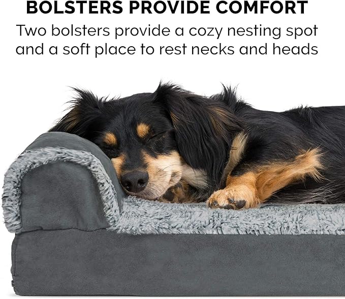 Furhaven Cooling Gel Dog Bed for Medium/Small Dogs w/ Removable Bolsters & Washable Cover, For Dogs Up to 35 lbs - Two-Tone Plush Faux Fur & Suede L Shaped Chaise - Stone Gray, Medium