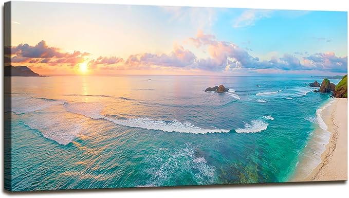 XXMWallArt FC3975 Tropical Beach Wall Art Blue Sea Sunset Natural Scenery Picture Print On Canvas Seascape Canvas Print Artwork for Living Room Bedroom Kitchen Home and Office Wall Decor