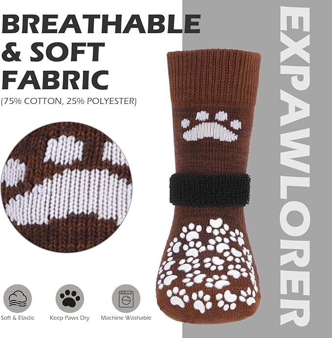 EXPAWLORER Anti Slip Dog Socks to Prevent Licking Paws, Dog Shoes for Hot Pavement, Dog Booties for Small Medium Large Senior Dogs, Traction Control Boots & Paw Protectors for Hardwood Floors Coffee