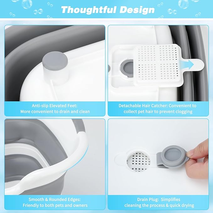 FHTONGE 7.13 Gal/27L Raised Collapsible Dog Bathtub with Drain Hair Catcher, Multifunctional Pet Washtub for Small to M Dog, Portable Puppy Tub Cat Shower Basin Laundry Basket Storage Organize Bucket