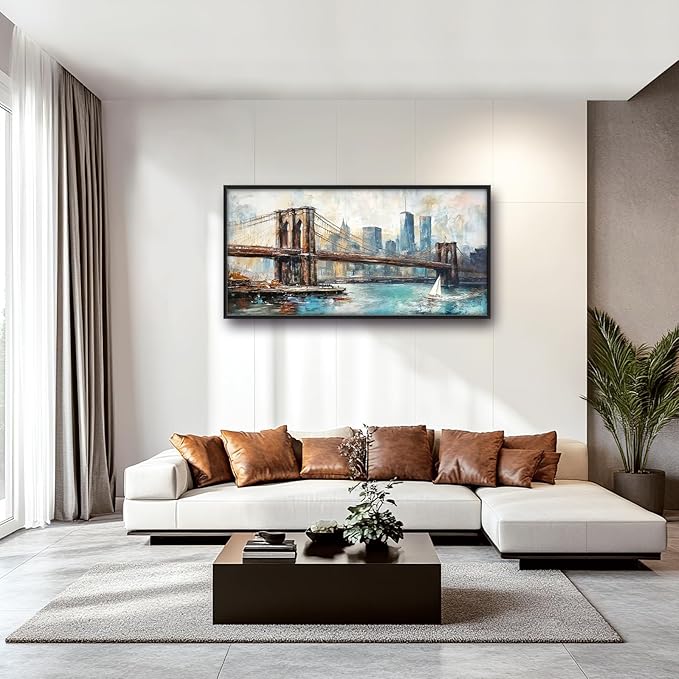 Extra Large Framed Brooklyn Bridge Wall Art,New York City Wall Decor,Abstract Skyline Cityscape Pictures for Living Room,Canvas Print Painting Modern Artwork Bedroom Office Bathroom 60L x30W