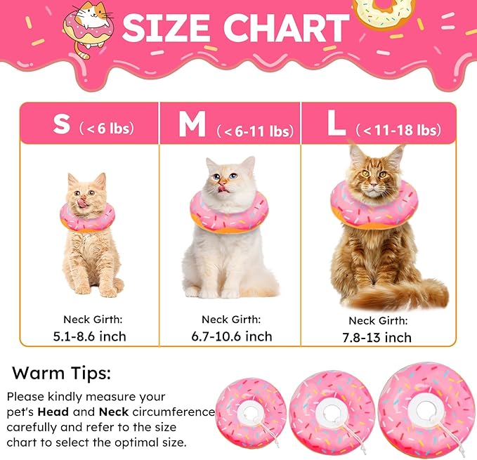 Cat Cone Collar Soft, Cat Recovery Collar for Wound Healing Cute Donut Adjustable Kittens Cones to Stop Licking Comfortable Lightweight Neck Elizabethan Collars for Cats Kittens After Surgery