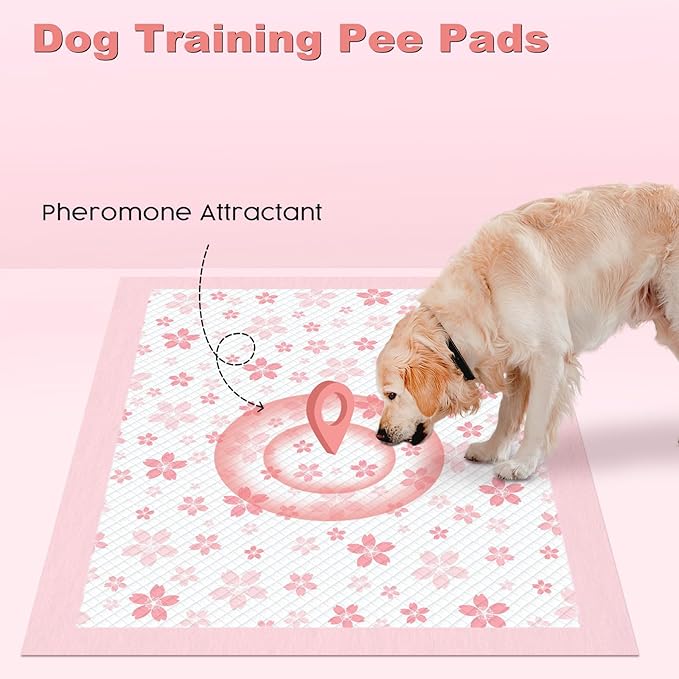 MIZOK Dog Pee Pads 28x34in Pink, Puppy Pads Extra Large Absorbent with Adhesive Tabs 6-Layer Leak-Proof Quick-Dry Design Odor Control for Potty Training, Cherry Blossom Prints (40 Counts)