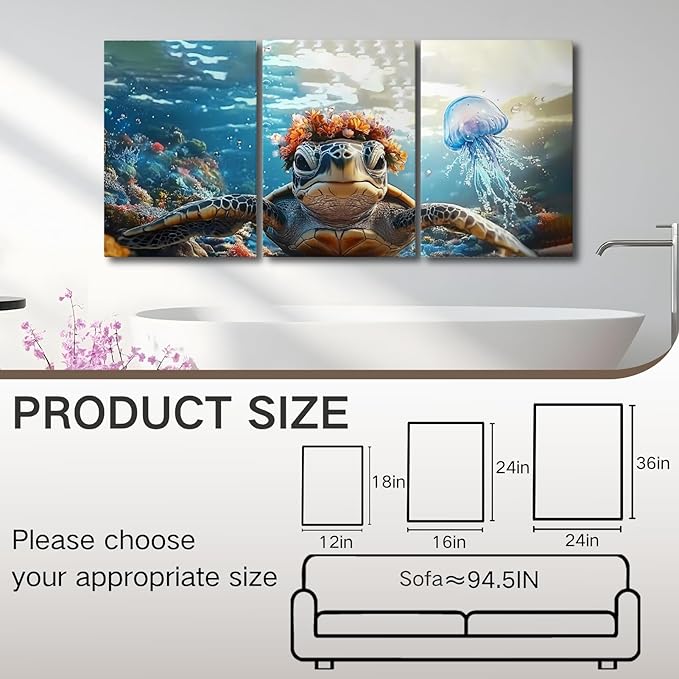Wivsev Sea Turtle Canvas Wall Art,Under Sea Wall Art,Sea Life Pictures Wall Decor,Ocean Animal Painting for Bathroom,Living Room,Bedroom (12" x 18" x 3 pcs)