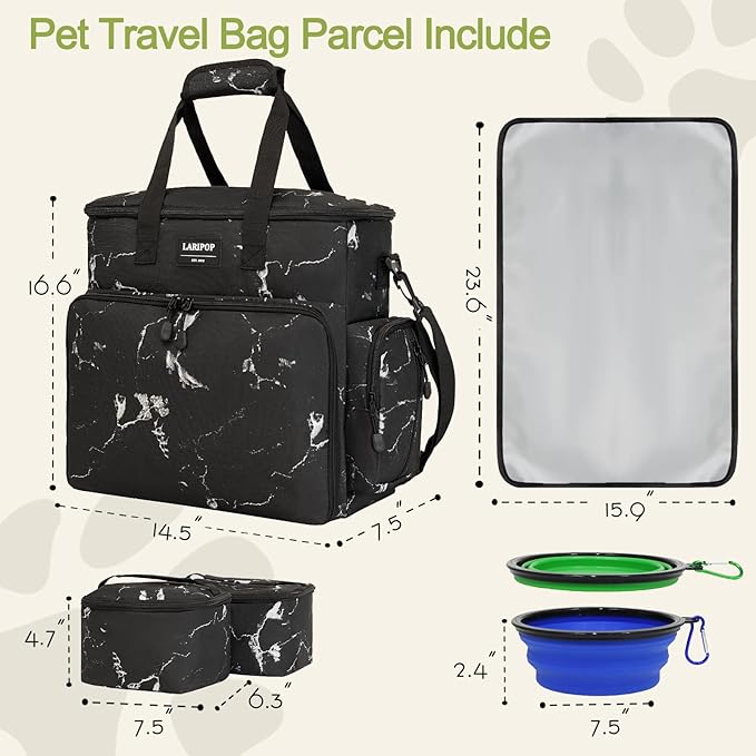 Dog Travel Bag,Weekend Pet Travel bag Set for Dog and Cat,Airline Approved Tote Multi-Function Dog Bags for Traveling,Include 2 Collapsible Bowls,2 Food Storage Containers,1 Feeding Mat,Marble