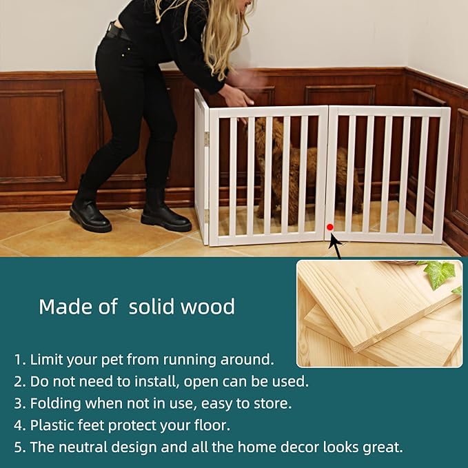ZJSF Freestanding Indoor Dog Gate for House Foldable Wood White Puppy Gate for Doorways Pet Gate for Stairs Extra Wide Pet Fence 24" Height 3 Panels