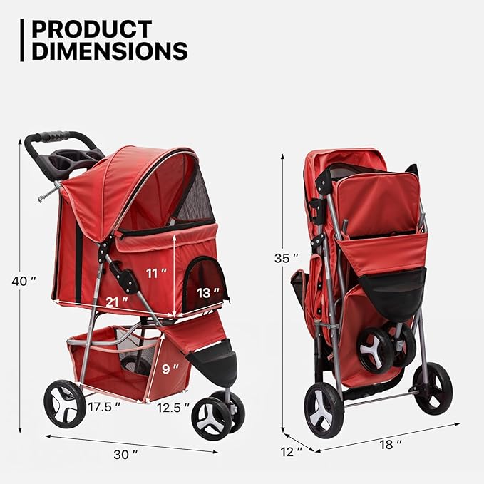MoNiBloom 3 Wheels Pet Stroller, Foldable Puppy Cage Jogger Stroller with Weather Cover for All-Season, Storage Basket and Cup Holder, Breathable and Visible Mesh for Small/Medium Pets, Red