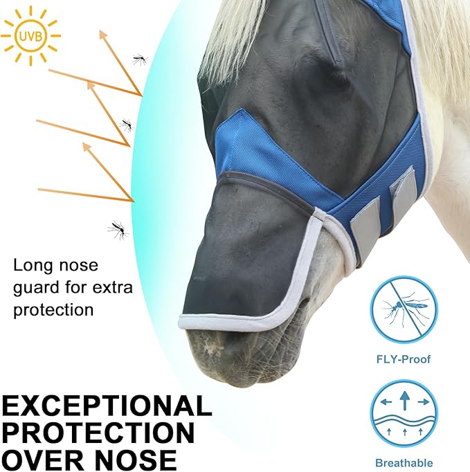 Horse Fly Mask with Ears & Long Nose Cover | Forelock Opening for Tangle-Free Mane Care | UV Protection & Breathable Mesh | No Rub Fit and Enhanced Visbility for Trail Riding RoyalBlue Pony