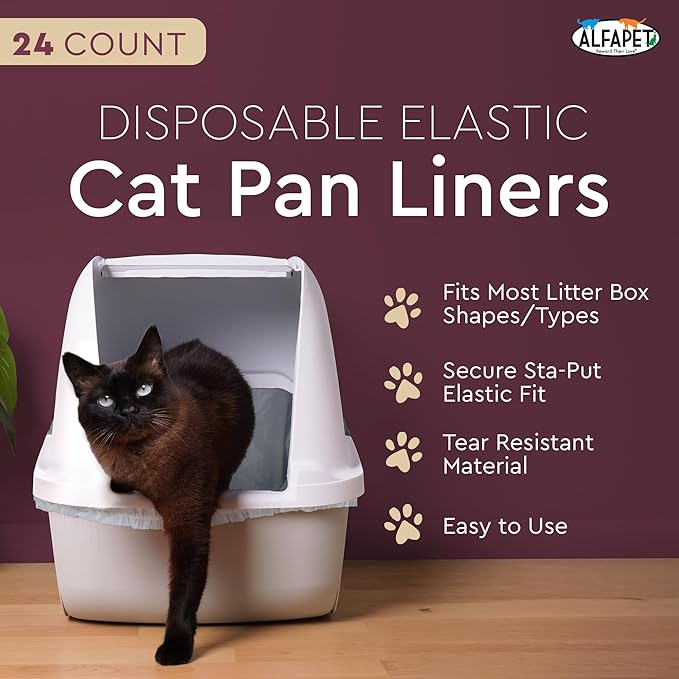 Alfapet Cat Litter box liner Disposable, Elastic Liners- 24-count-For Medium and Large, Size Litter Pans- With Sta-Put Technology for Firm, Easy Fit- Quick + Clever Waste Cleaners