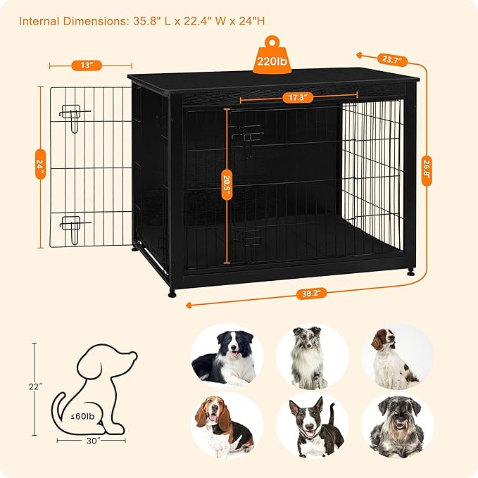 DWANTON Dog Crate Furniture with Cushion, Wooden Kennel Table with Double Doors, Indoor Dog House, Large Size, 38.5" L, Black