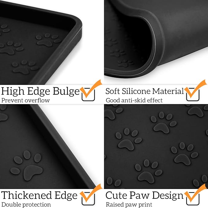 Ptlom Pet Placemat for Dog and Cat, Mat for Prevent Food and Water Overflow, Suitable for Small, Medium and Big Pet,24.5" 16.5", Black