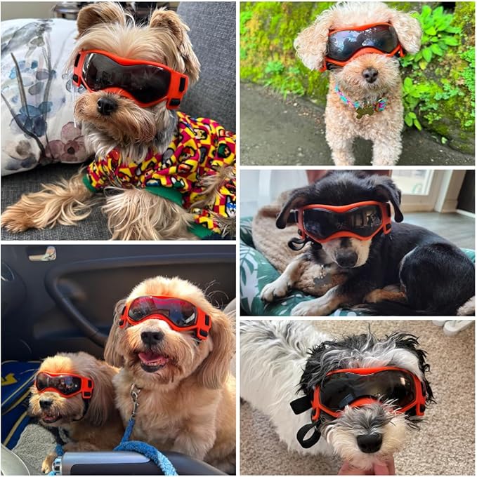 Dog Goggles Dog Sunglasses for Small Breed UV Protection Windproof with Adjustable Head Straps Chin Straps for Ride Car/Hiking Travel/On Beach-Orange