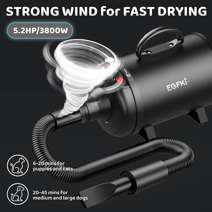 Dog-Hair-Dryer, 5.2HP/ 3800W High Velocity Pet Blow Dryer with Heater for Grooming, Speed Temperature Adjustable Dog Blower Grooming Dryer with 4 Nozzles