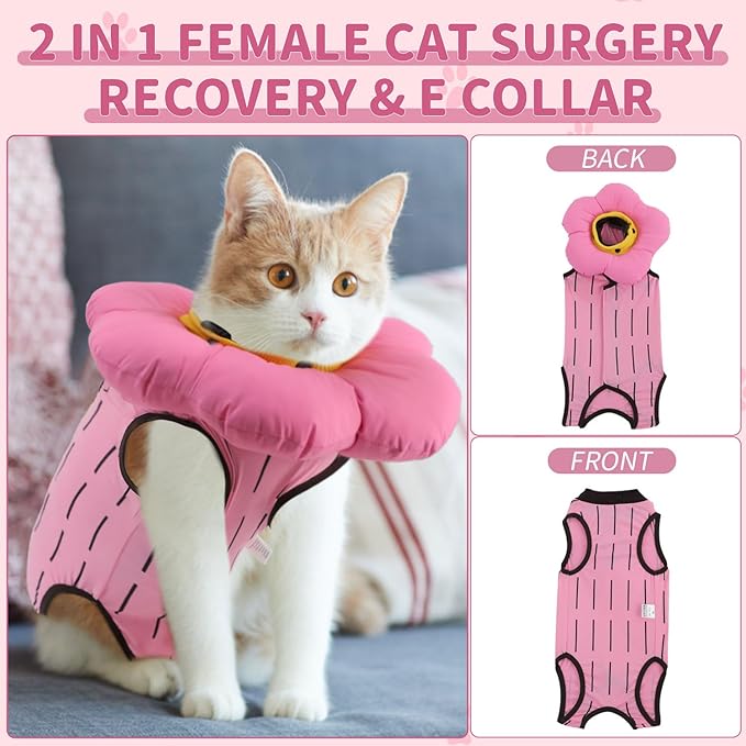 EMUST 2PCS Cat Recovery Suit and Cone Collar - Female, Breathable Cotton, Adjustable Soft E Collar Alternative for Cats 8-16lb (Pink, L)