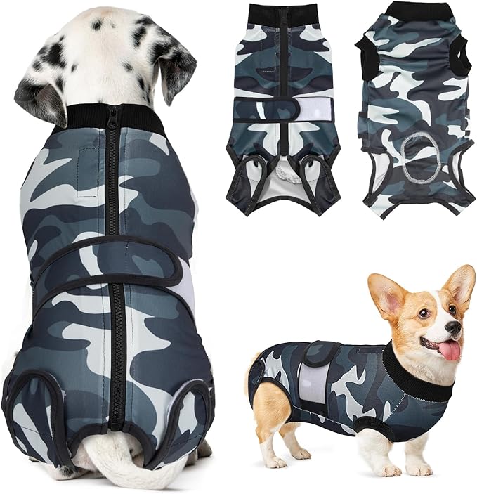 Lukovee Recovery Suit for Dogs, Zipper On Recovery Suit for Female Male Dog, Onesie Abdominal Wounds Cone E-Collar Alternative Prevent Licking Spay Recovery Suit (CF,XS)