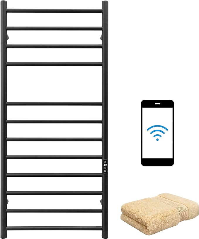 KEG Smart WiFi Towel Warmer Wall Mounted with Built-in Timer and Temperature Adjust Control, 12 Bars Electric Stainless Steel Heated Towel Racks for Bathroom Black