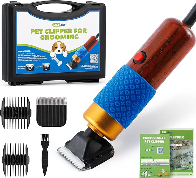Pet Grooming Clippers 200W, Plug-in with 3m Power Cord & Stepless Speed Control, Low Noise < 50db, Heavy-Duty Dog Hair Trimmer Kit with Extra Detachable Blade & 2 Limit Combs of 4 Sizes