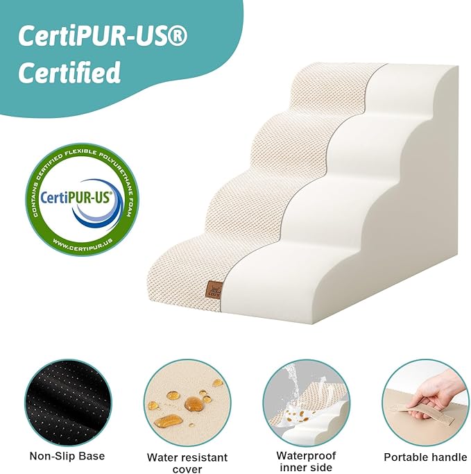 Dog Stairs for Small Dogs 19.7" H, Curved Dog Step for Puppy, Older or Cat, Medium Pet Ramp for Sofa, Couch or Bed, Ladder with High Density Foam, 15.7x28.3x19.7 inch, 4 Step, Beige