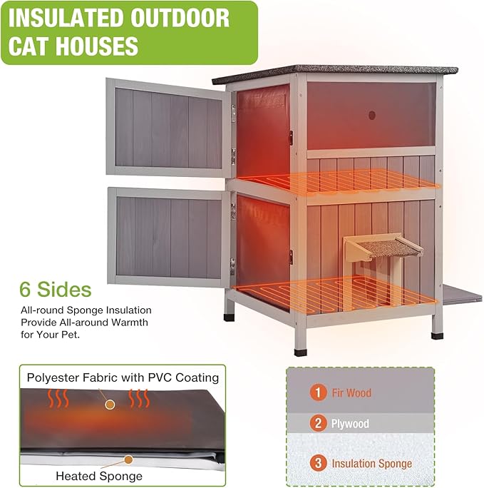GUTINNEEN Outdoor Heated Cat House for Winter, Weatherproof Wooden Feral Cat Shelter with Escape Door, Heating Pad & Removable Mat(AIR14-Heated)