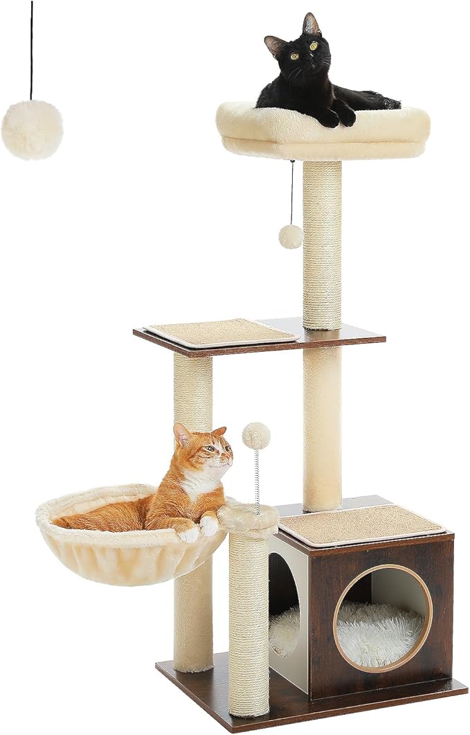 PEQULTI Modern Cat Tree for Indoor Cats,Multilevel Play House Cat Tower with Cat Condo, Scratching Post, Cozy Hammock and Plush Pompom, Brown