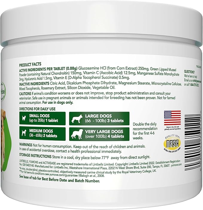 Yumove Hip & Joint Supplement for Dogs with Glucosamine, Hyaluronic Acid, Green Lipped Mussel & Omega 3 Joint Supplement - Regular and Advanced Strength (300ct, Chewable Tablets)