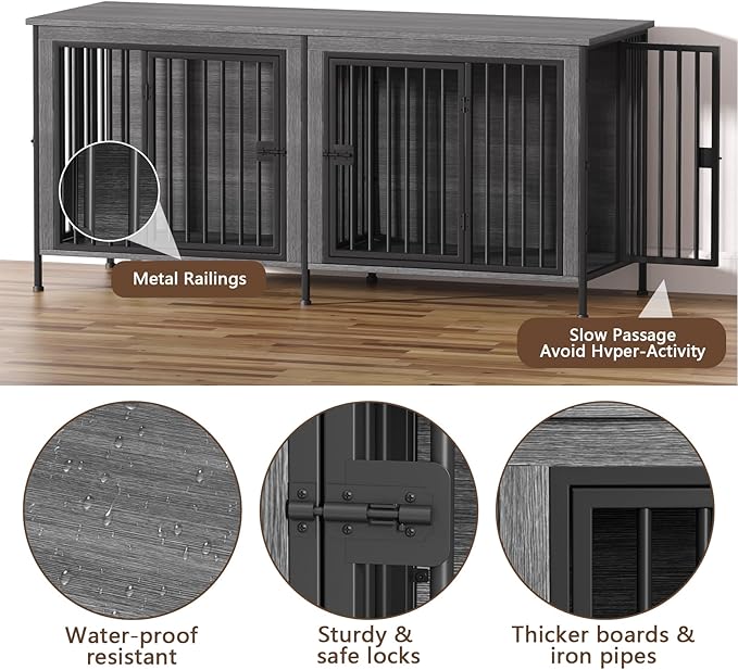 EasyCom 78 Inch Dog Cage Furniture for 2 Pets with Divider, XXL Wooden Double Dog Crate Furniture TV Stand for Mideum and Large Breed, Durable and Sturdy