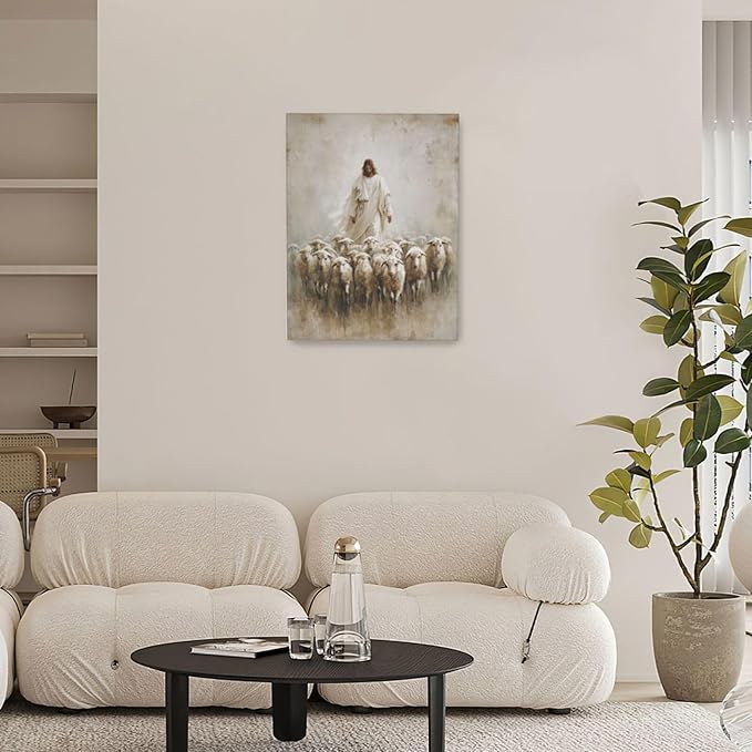 Jesus and Lamb Wall Art Christian Jesus Lamb Canvas Wall Decor Christ Religious Pictures painting Print Framed Artwork Decorations Gifts for Living Room Bedroom Prayer Room Church 12"x16"