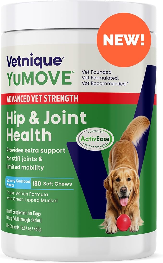 Yumove Hip & Joint Supplement for Dogs with Glucosamine, Hyaluronic Acid, Green Lipped Mussel & Omega 3 Joint Supplement - Regular or Advanced Strength (180ct, Advanced Vet Strength Soft Chews)