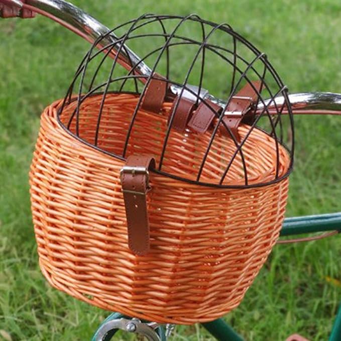 Shiker Bicycle Basket with Wire Mesh Cover, Wicker Bike Basket for Small Dogs Cats, Front Handlebar Bike Basket, Easy to Detachable, 11.81 x 9.84 inch
