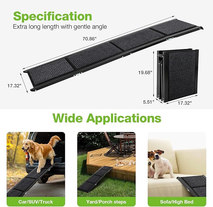 FAHKNS Dog Ramp for Car, 71" x 17" Extra Long Wide Folding Pet Ramp, Non-Slip Rug Surface, Aluminum, Black, Up to 300 LBS