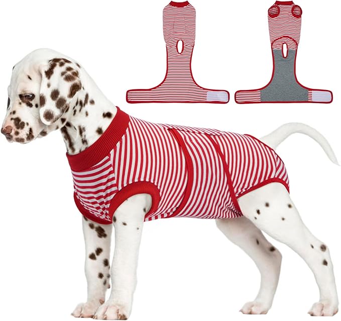 FUAMEY Dog Recovery Suit Male,Dogs Surgery Neuter Suits Puppy Spay Shirts for Female Protect Dog's Skin Anti Licking Abdominal Wounds Doggie Onesie Pet Bodysuit Alternative to Cone Red Stripes S