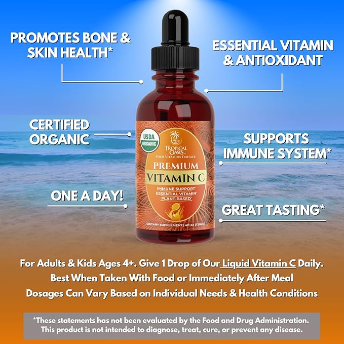 Tropical Oasis USDA Organic Liquid Vitamin C Drops for Adults & Kids | Supports Healthy Immune System | 98% Absorption Rate | Vegan | Non-GMO | Gluten Free | 60 Servings