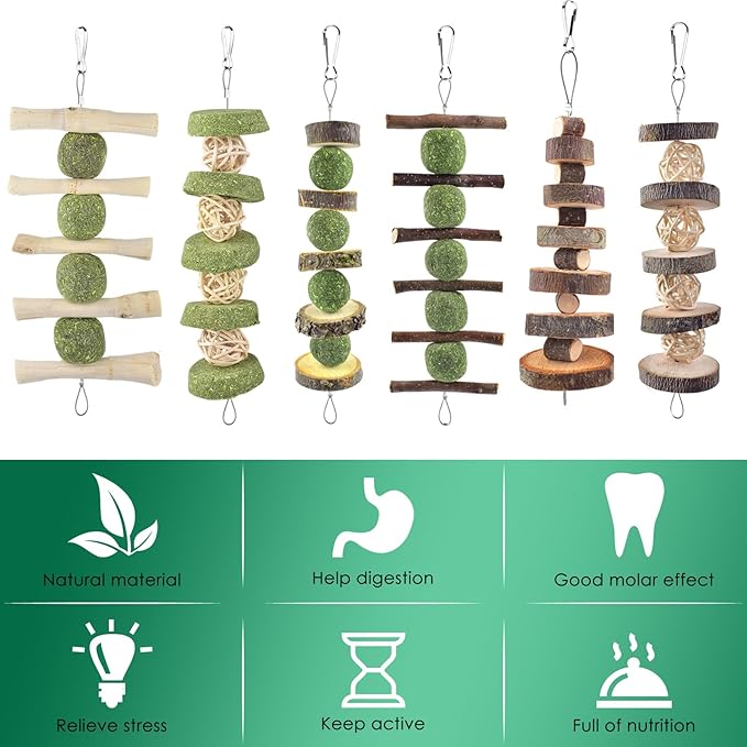 ERKOON Bunny Chew Toys, Rabbit Chew Toys for Teeth Grinding, Improve Dental Health, 100% Natural Apple Wood Timothy Grass Cake Treats for Rabbits Guinea Pigs Chinchillas Bunnies Hamsters (7 Pcs)