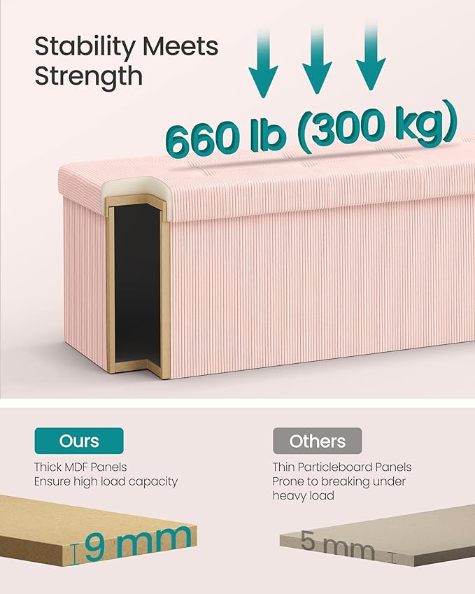 SONGMICS MAZIE Collection - Storage Ottoman Bench, Foldable Foot Rest, 15 x 43 x 15 Inches, End of Bed Bench, Storage Chest, Load 660 lb, Living Room, Bedroom, Entryway, Jelly Pink ULSF604R01