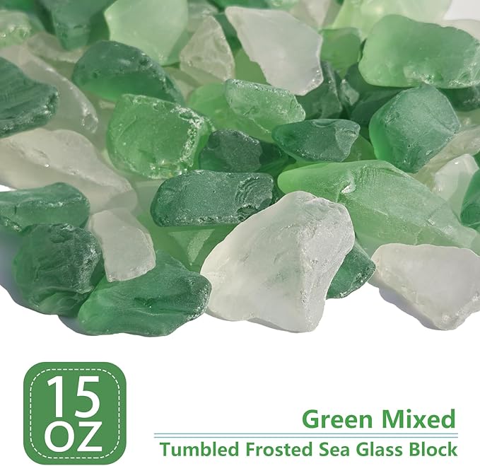 Sea Glass Block - 1LB Green Mixed Frosted Sea Glass - Vase Filler and Aquarium Ornament, DIY Craft Supplies for Art, Sea Glass Decor, Beach Weddings, and Home Decor