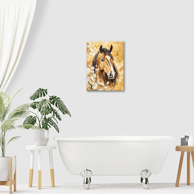 Horse Wall Art Canvas Rustic Horse Wall Decor Prints Framed Painting Farmhouse Flower Pictures Gifts Artwork for Bathroom Living Dining 12"x16"