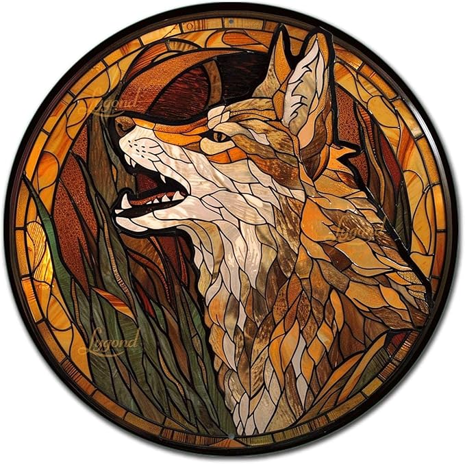 Lygond Metal Sign Tin Sign Circular Stained Glass Coyote Signs for Garden for Pub 12×12 Inches