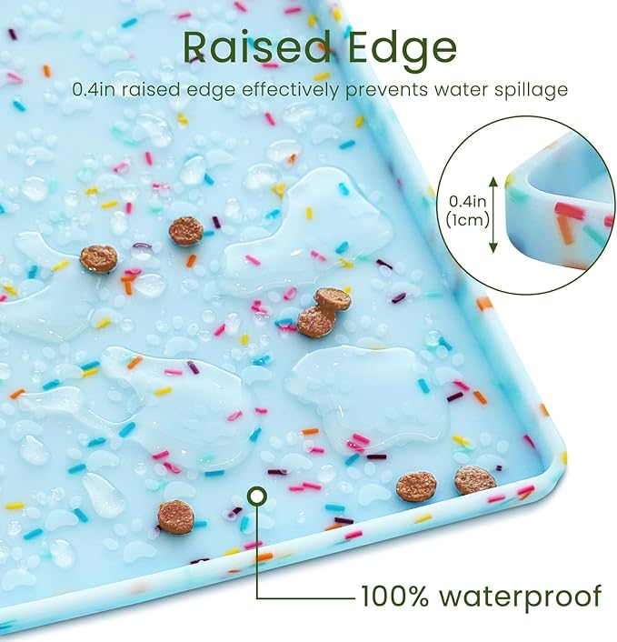 Ptlom Dog Food Mat Anti-Slip Dog Bowl Mats for Food and Water, Waterproof Pet Placemat Prevents Messy Spill to Floor, Silicone Puppy Feeding Tray for Small, Medium and Large Dogs Cats, Blue