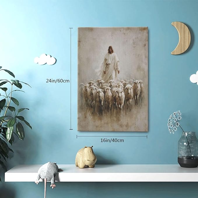 Jesus and Lamb Wall Art Christian Jesus Lamb Canvas Wall Decor Christ Religious Pictures painting Print Framed Artwork Decorations Gifts for Living Room Bedroom Prayer Room Church 16"x24"