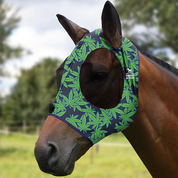 Harrison Howard Super Comfort Stretchy Fly Mask Large Eye Space with UV Protection Soft on Skin with Breathability Live Leaf M