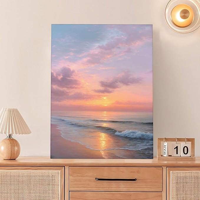 Beach Sunset Wall Art Ocean Coastal Scenery Wall Decor Seascape Picture Canvas Landscape Painting Print Framed Artwork Decorations for Living Room Office Bedroom Kitchen 12"x16"