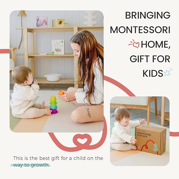 Tiny Land Montessori Toy Set for Babies 7-9 Months Senser Play Kit - 5-in-1 Wooden Learning Toys with Object Permanence Box, Sensory Ball, Stacking Cups and Mirror Puzzle,Body Board Book